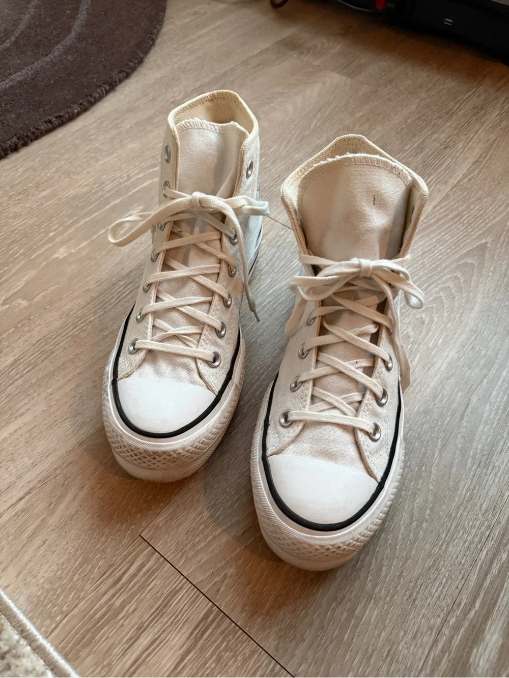 Converse High Top Sneakers in Off-White with Black Trim - Picture 1 of 5